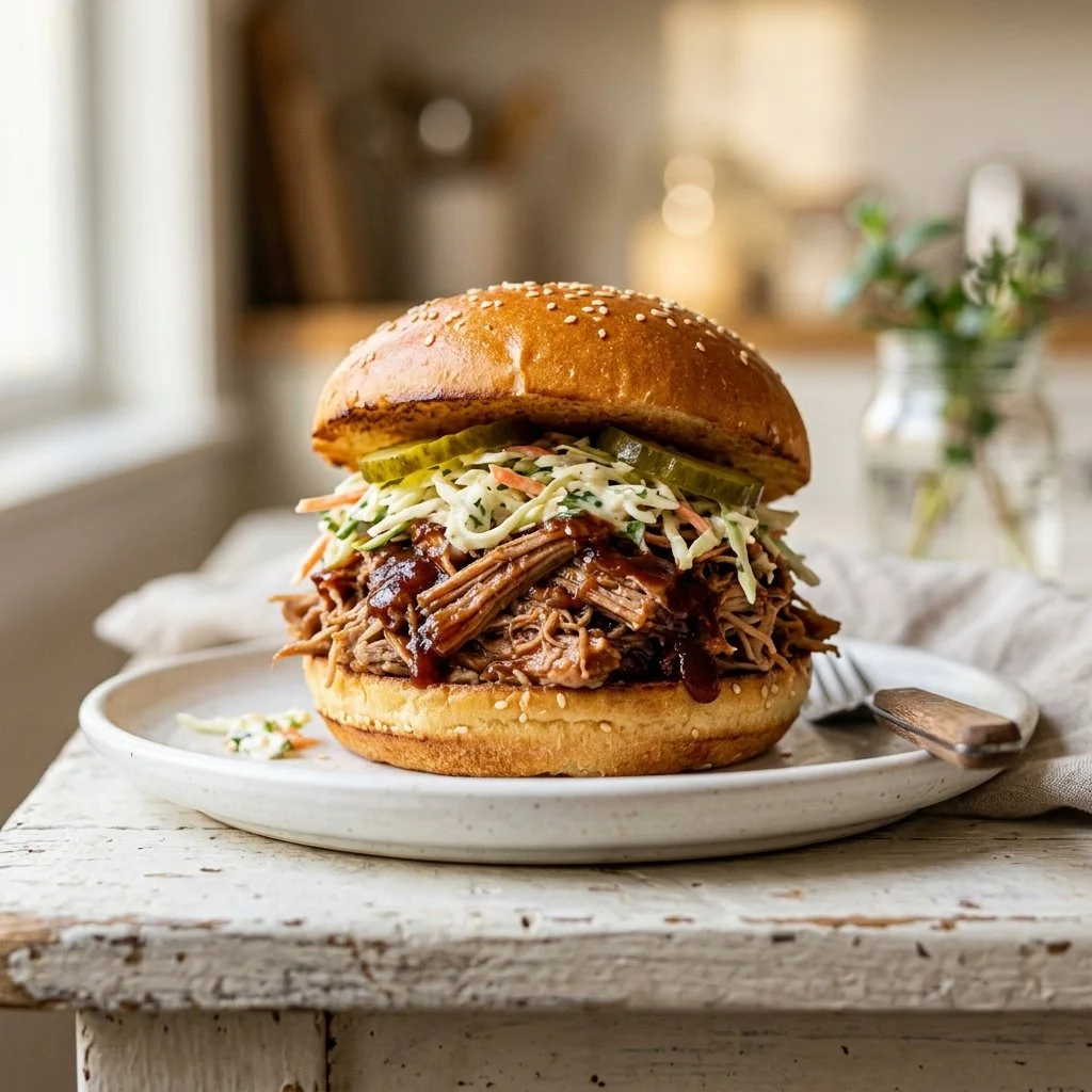 Delicious pulled pork sandwich with coleslaw and BBQ sauce on a rustic bun