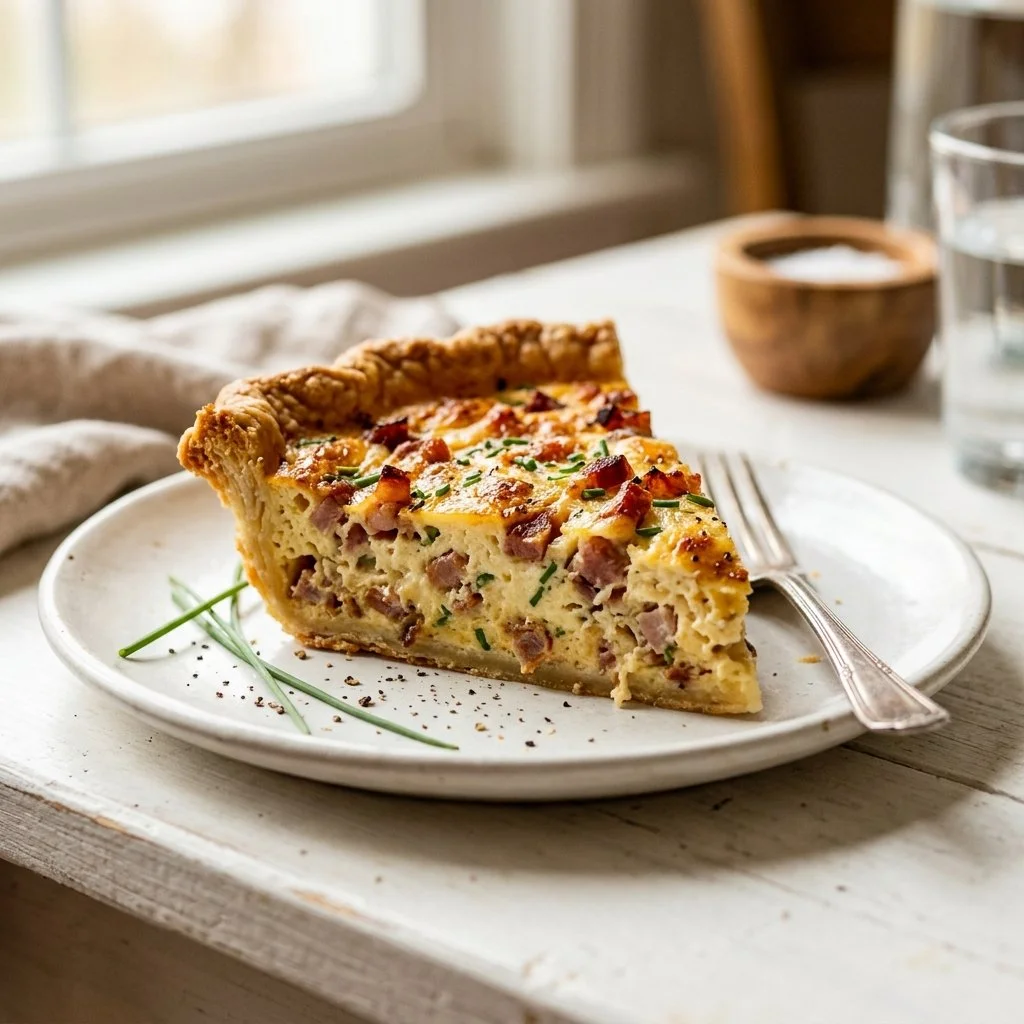 Delicious homemade Quiche Lorraine with bacon and cheese on a wooden table.