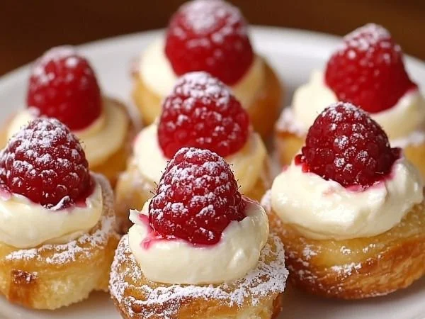 Raspberry Cream Cheese Bites topped with fresh raspberries and a cream cheese filling