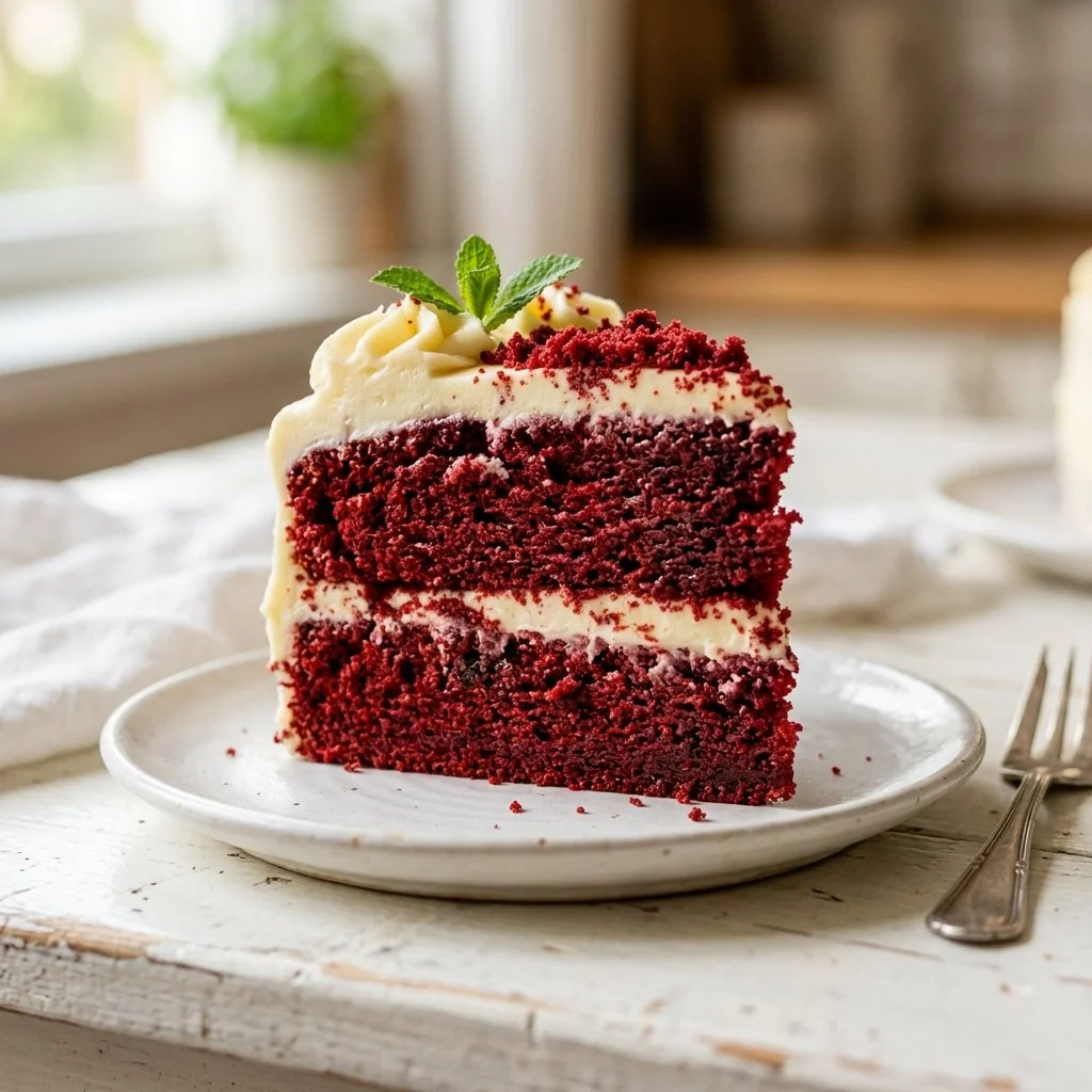 Slice of moist Red Velvet Cake with cream cheese frosting on a white plate