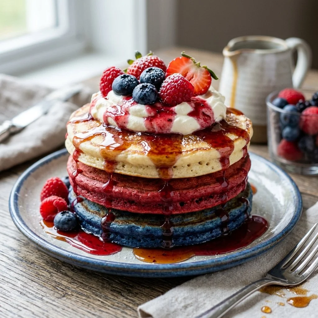 Stack of red, white, and blue pancakes topped with fresh fruit and whipped cream.