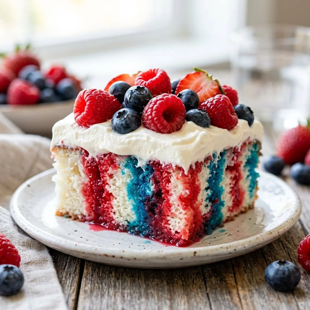 Delicious Red White and Blue Poke Cake with vibrant layers and festive toppings