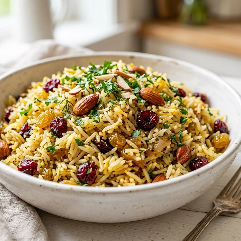 Bowl of flavorful Rice Pilaf garnished with herbs and vegetables