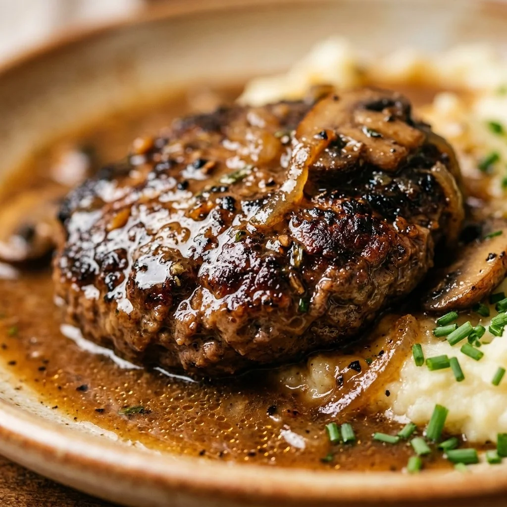 Delicious homemade Salisbury steak with gravy on a plate with mashed potatoes