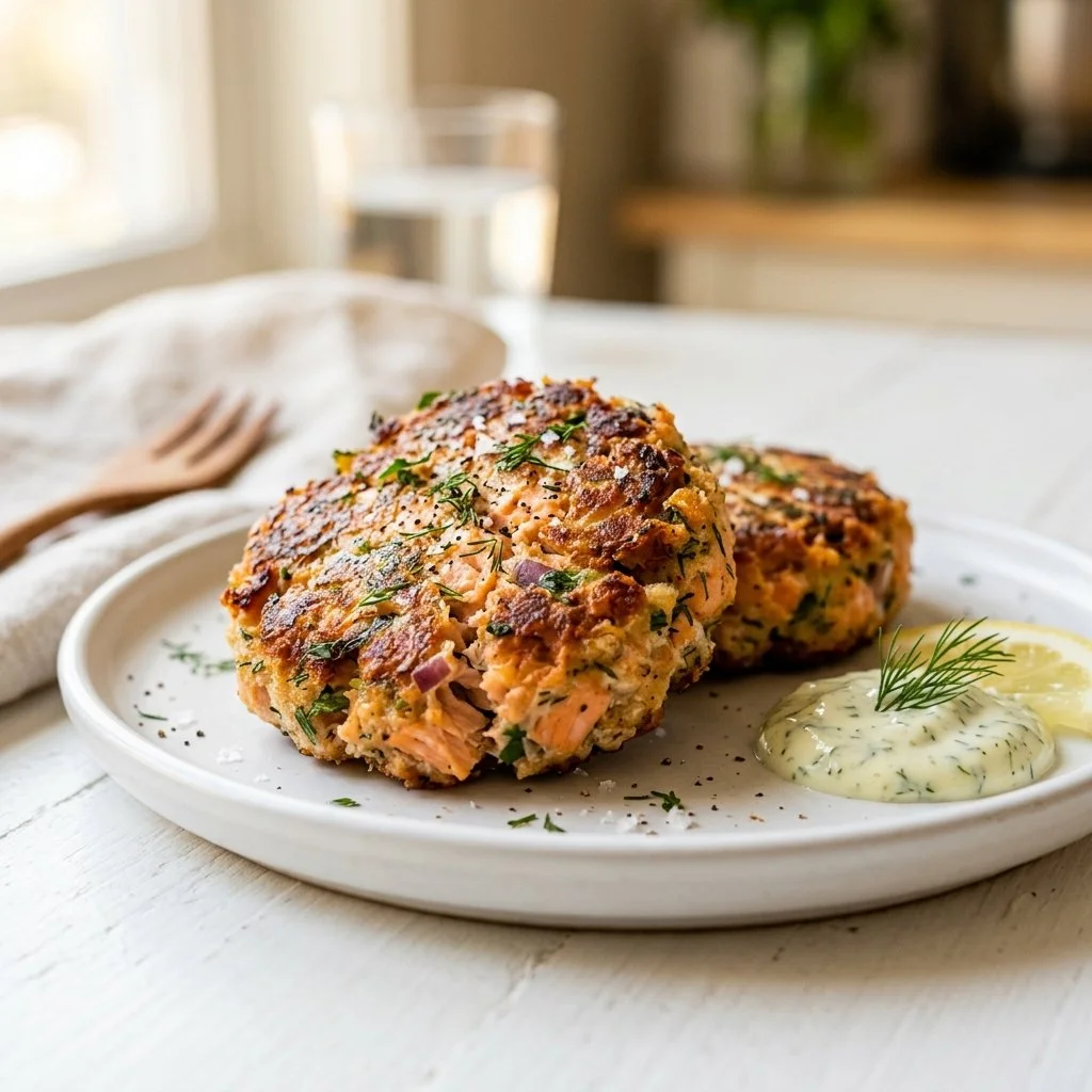 Homemade salmon patties served with a side of fresh salad