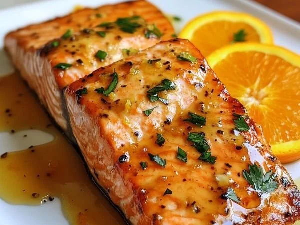 Delicious Salmon fillet with a zesty orange glaze on a plate.