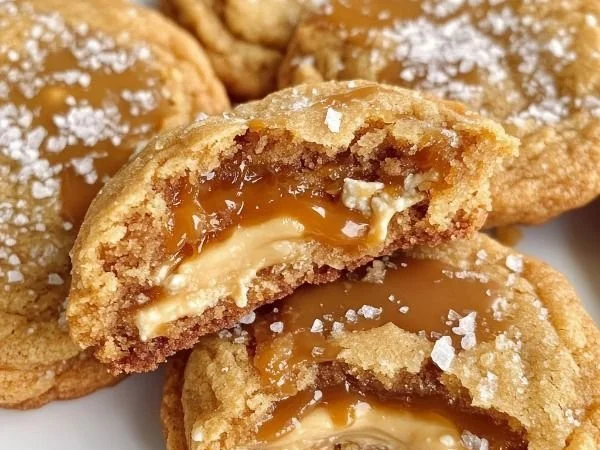 Delicious salted caramel cheesecake cookies on a baking tray