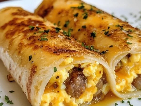 Sausage egg and cheese breakfast roll-ups served on a plate