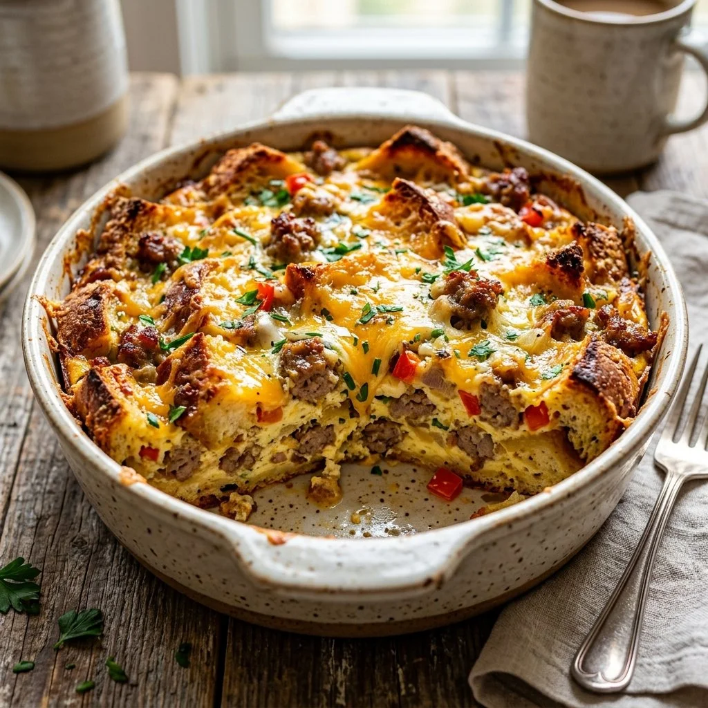 Sausage egg breakfast strata baked dish with layers of bread, sausage, and cheese