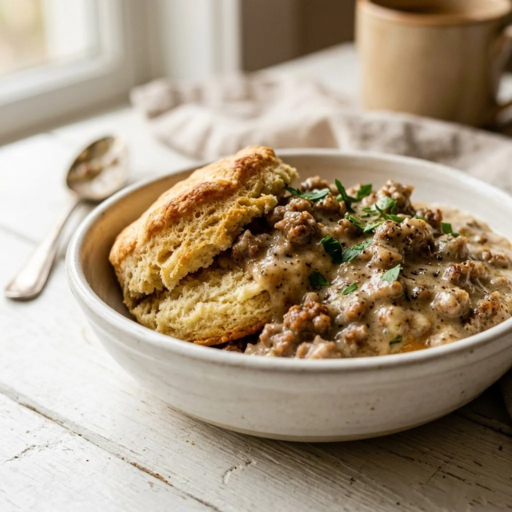 Delicious sausage gravy served over warm biscuits, a southern breakfast classic.
