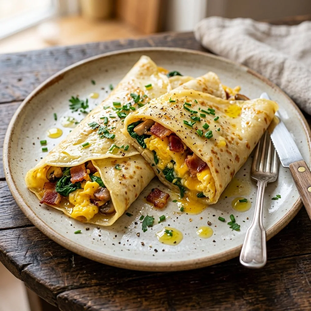 Savory breakfast crepes filled with fresh ingredients and herbs