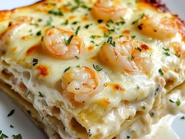 Scampi-style garlic butter shrimp lasagna served on a plate with herbs and spices