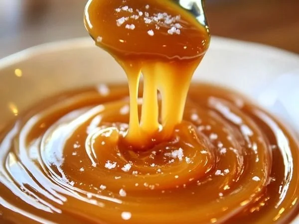 Delicious sea salt caramel sauce drizzled over desserts