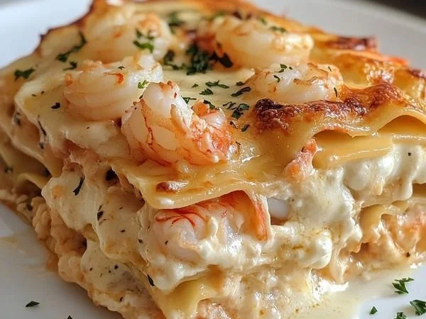 Delicious Seafood Lasagna with layers of pasta, seafood, and rich creamy sauce