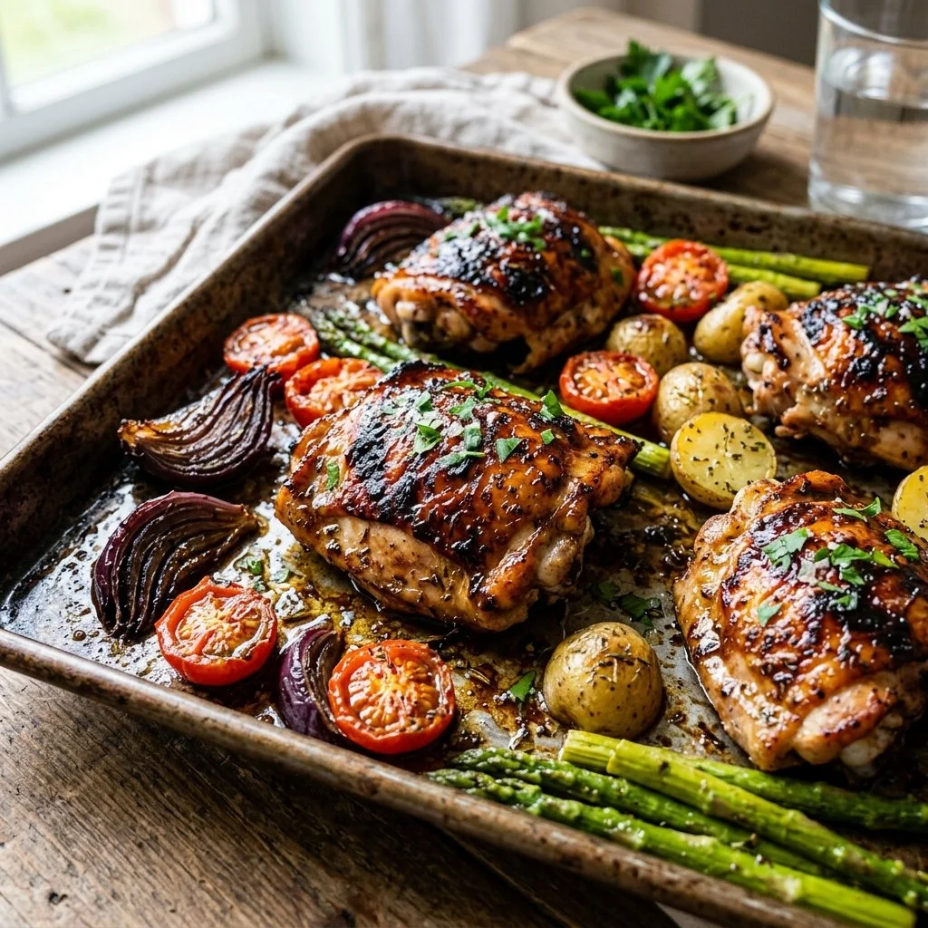 A delicious sheet pan balsamic chicken dish with vegetables ready to serve.