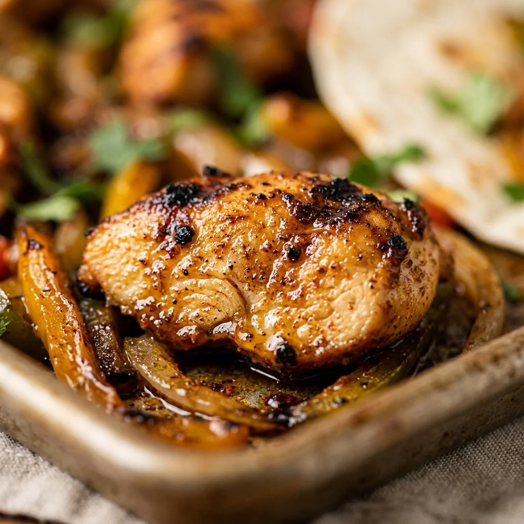 Sheet pan chicken fajitas with colorful peppers and onions ready to serve