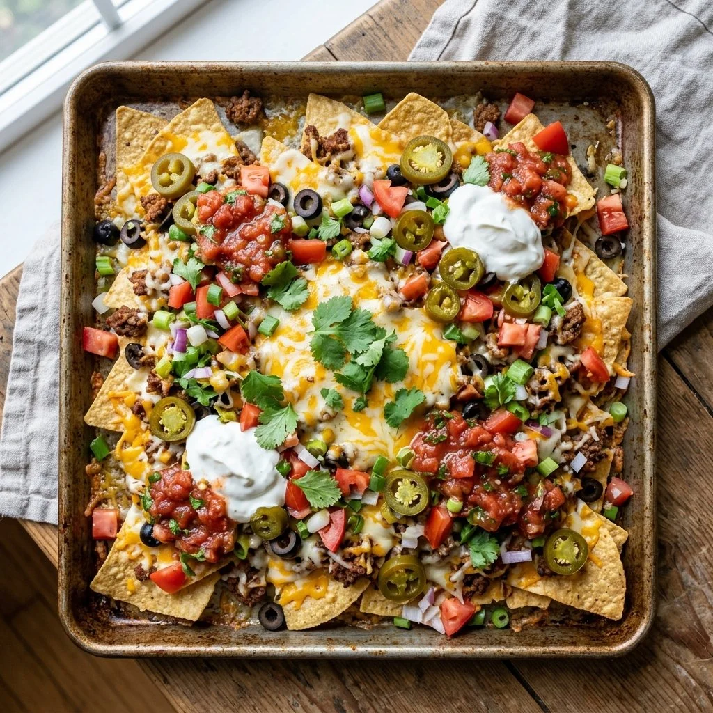 Delicious sheet pan nachos topped with cheese, jalapeños, and avocado on a baking sheet.