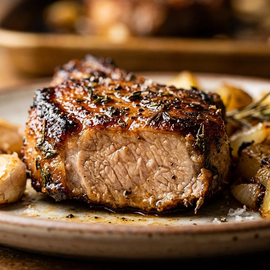 Sheet pan with juicy pork chops and vegetables ready to be served.