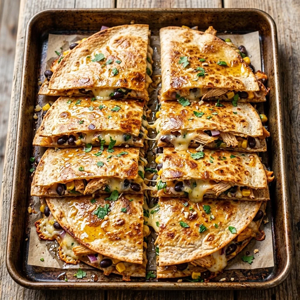 Delicious sheet pan quesadillas ready to be served with toppings.