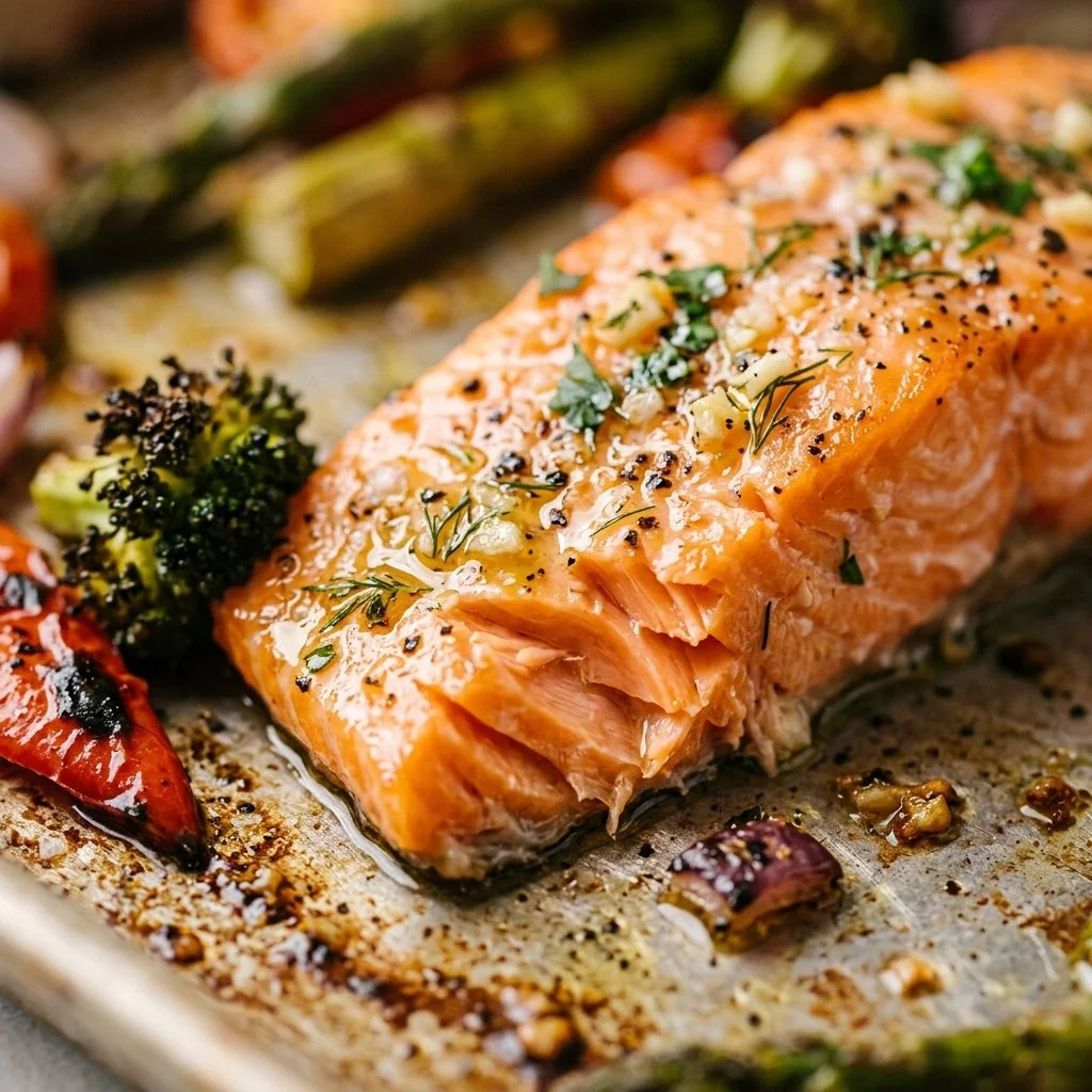 A vibrant sheet pan meal featuring salmon and assorted roasted veggies.