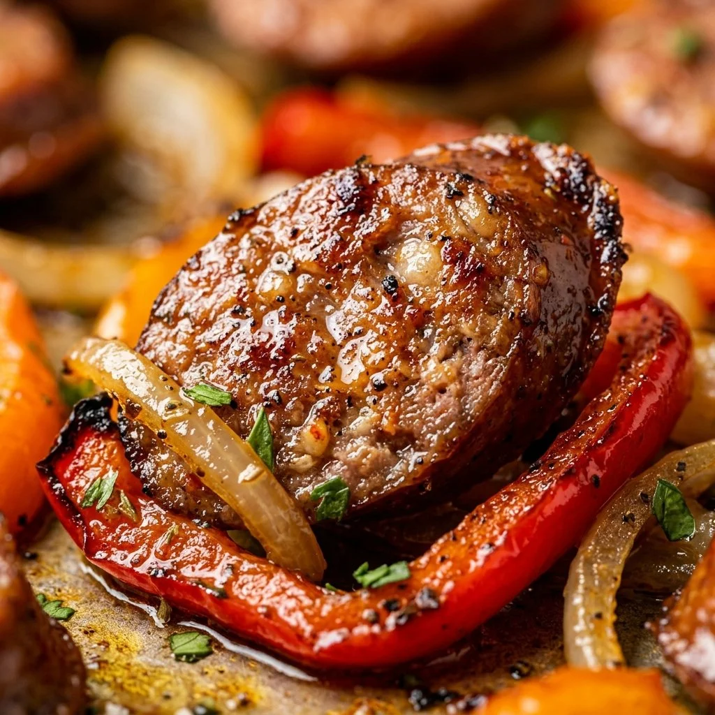 Delicious sheet pan sausage and peppers dish ready to serve