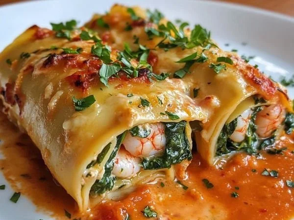 Shrimp and spinach stuffed pasta rolls topped with roasted red pepper cream sauce.