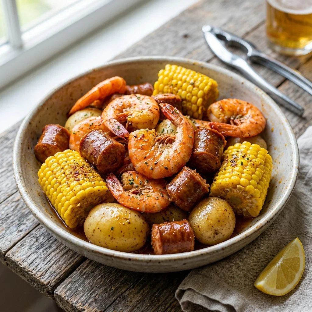 Delicious shrimp boil with spices and vegetables on a serving table.