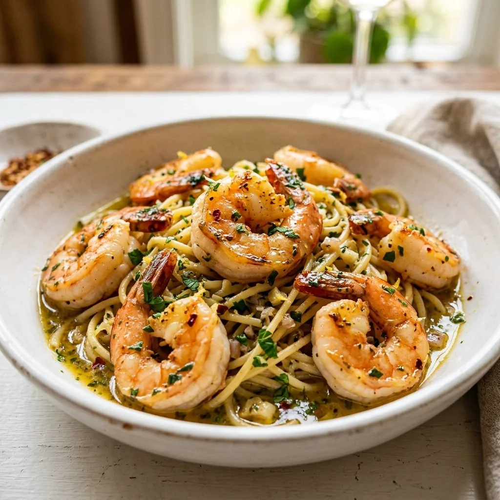 Delicious shrimp scampi with garlic and herbs served on a plate