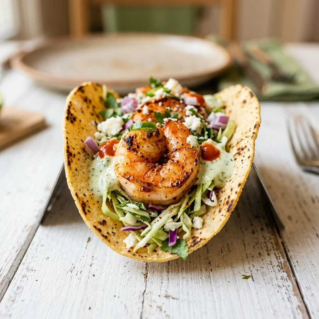 Delicious shrimp tacos with fresh toppings and vibrant colors