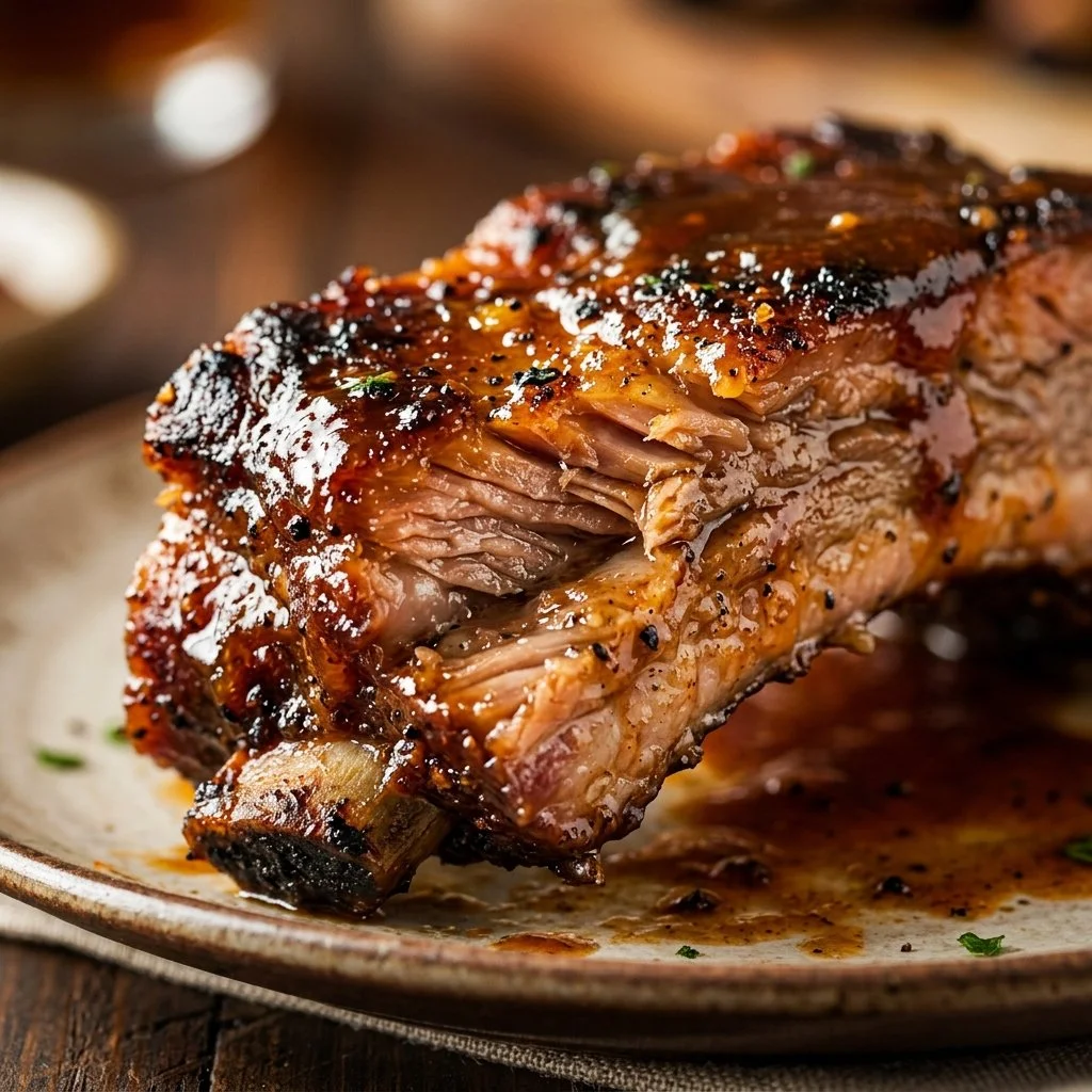 Delicious slow cooker BBQ ribs served on a plate with sauce