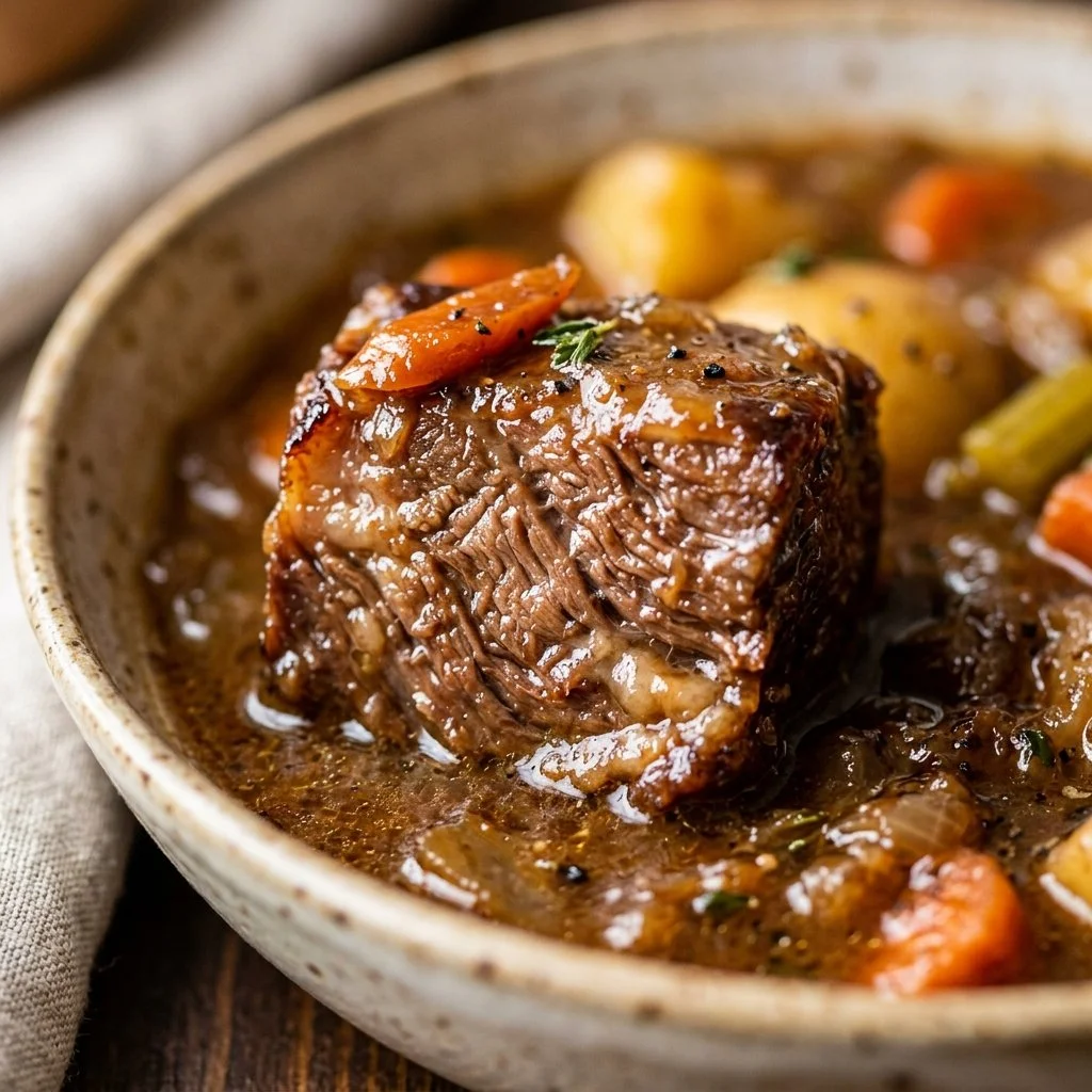 Bowl of slow cooker beef stew with vegetables and herbs