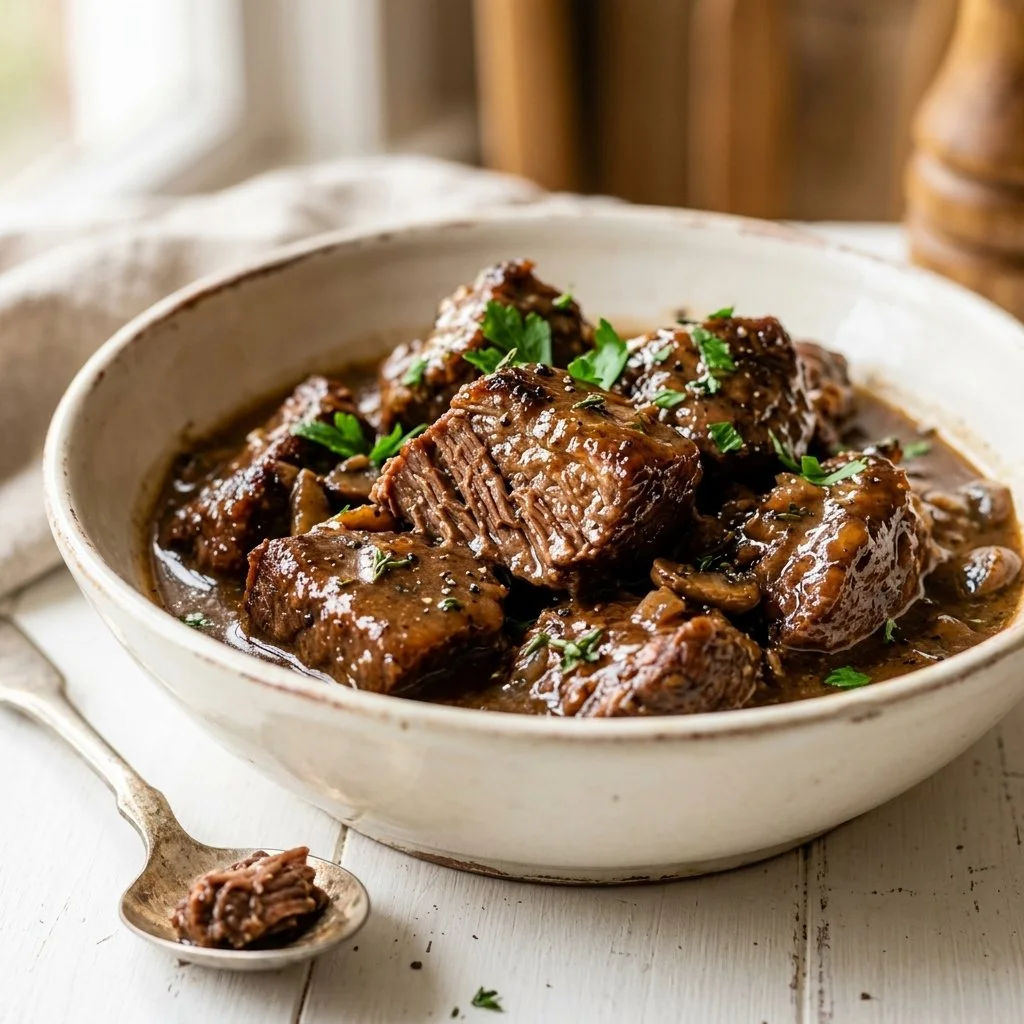 Slow cooker beef tips served with vegetables in a bowl