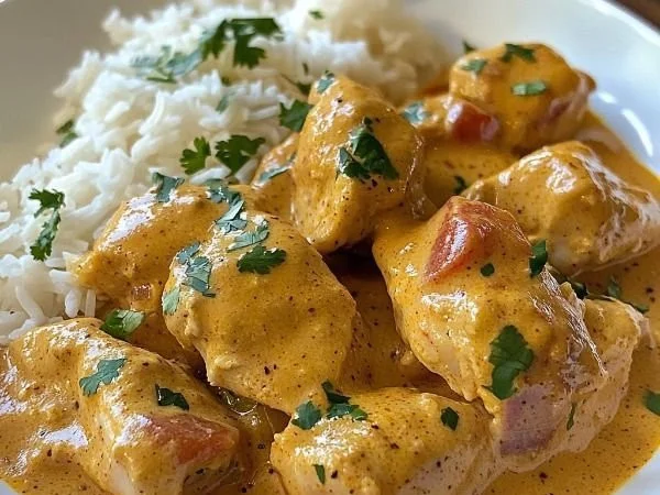 Delicious slow cooker butter chicken served with rice and herbs