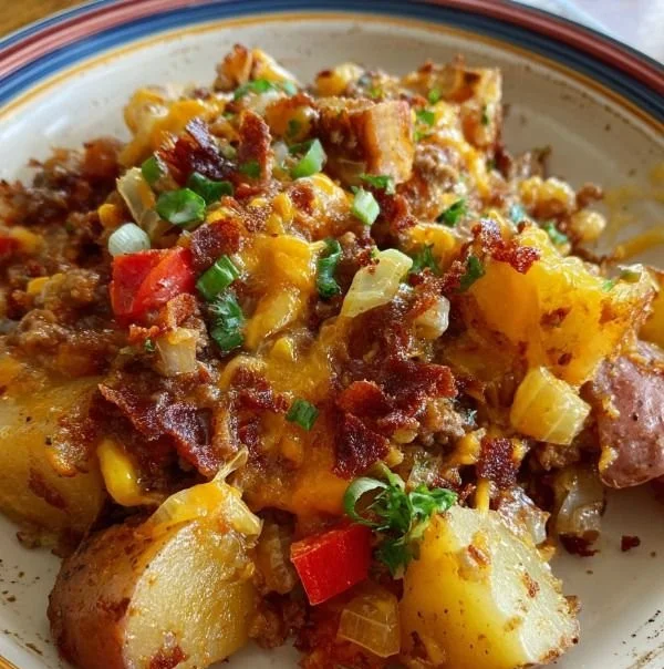 Delicious slow cooker cowboy potato casserole topped with melted cheese and spices.