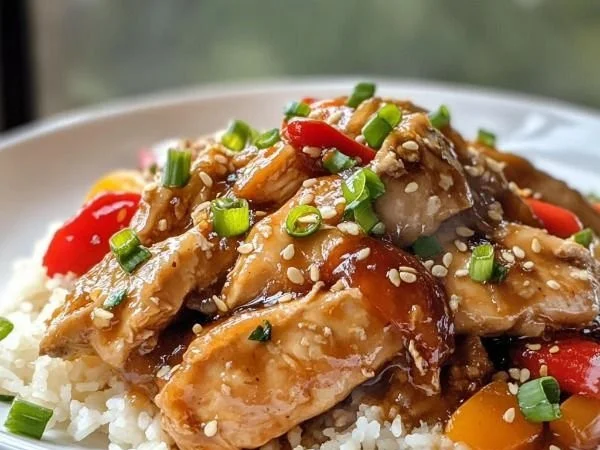 Slow cooker sweet chili chicken dish served with rice and vegetables