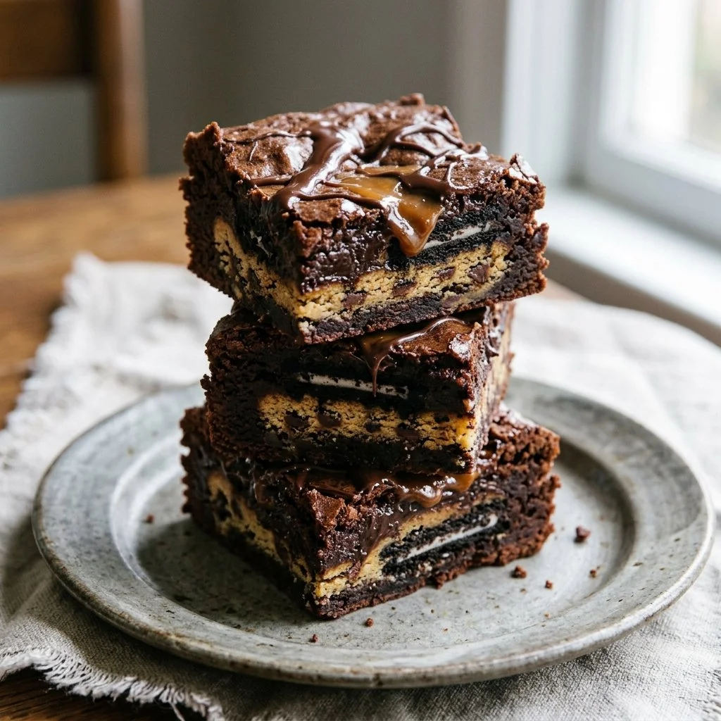 Deliciously layered slutty brownies with brownie, cookie dough, and Oreos.