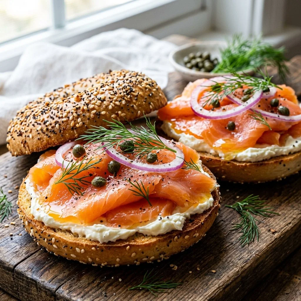 Delicious smoked salmon bagels topped with cream cheese and fresh herbs