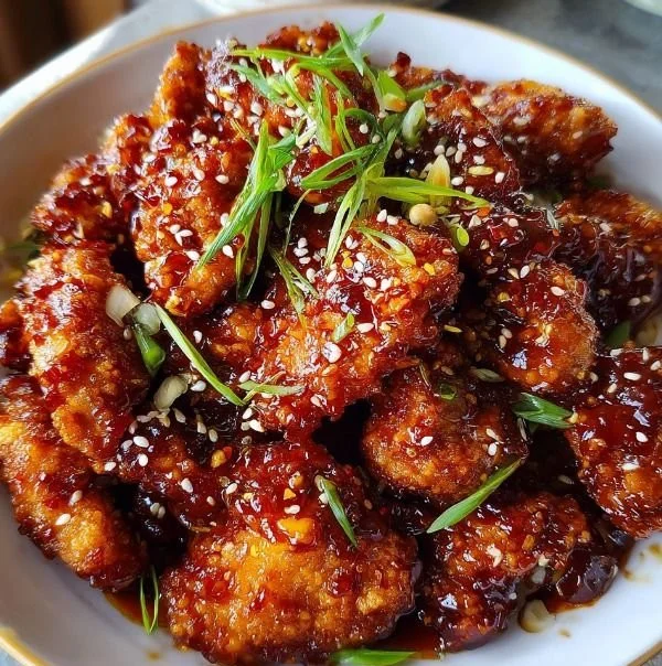 Plate of Spicy Crispy Firecracker Chicken with a sweet tangy glaze