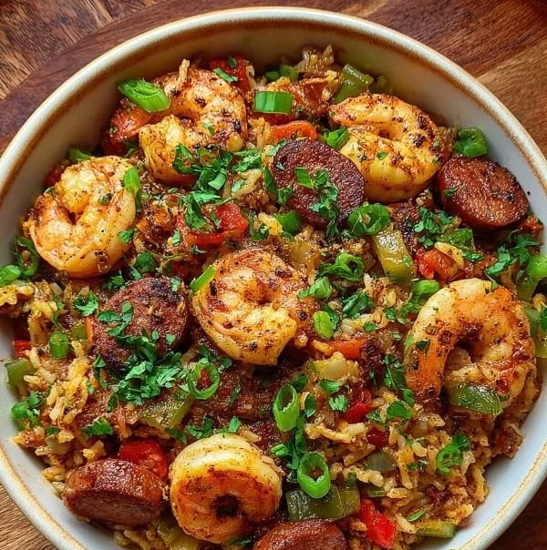 Spicy Shrimp and Sausage Dirty Rice served in a bowl with fresh herbs