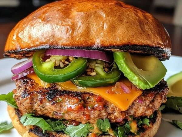 Spicy Southwest Turkey Burger on a plate with toppings and condiments