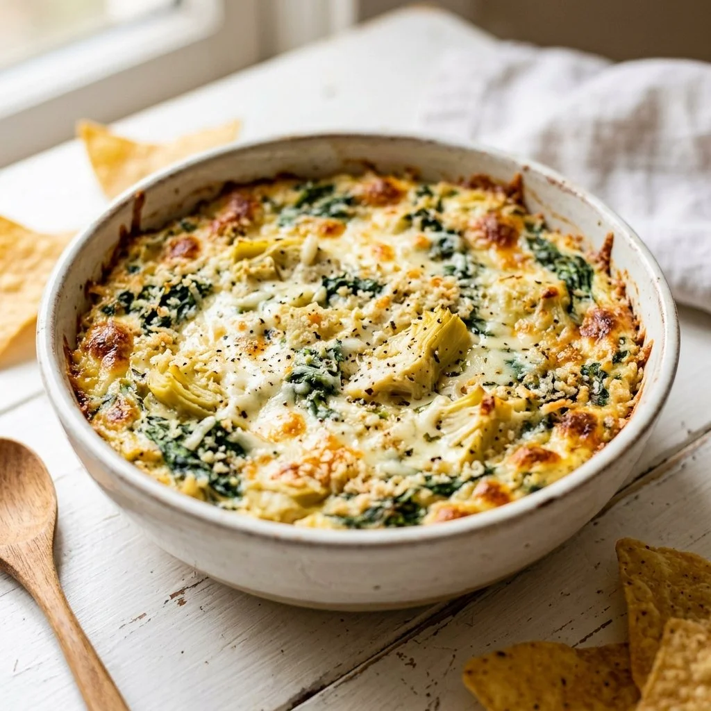 Creamy spinach artichoke dip served in a bowl with tortilla chips