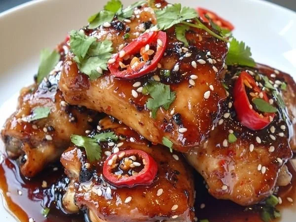 Sticky sweet chili chicken thighs recipe with glazed chicken on a plate.