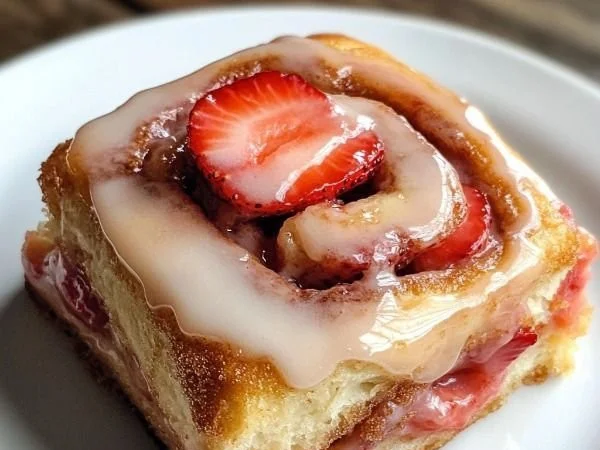 Freshly baked strawberry cinnamon rolls drizzled with icing on a white plate.