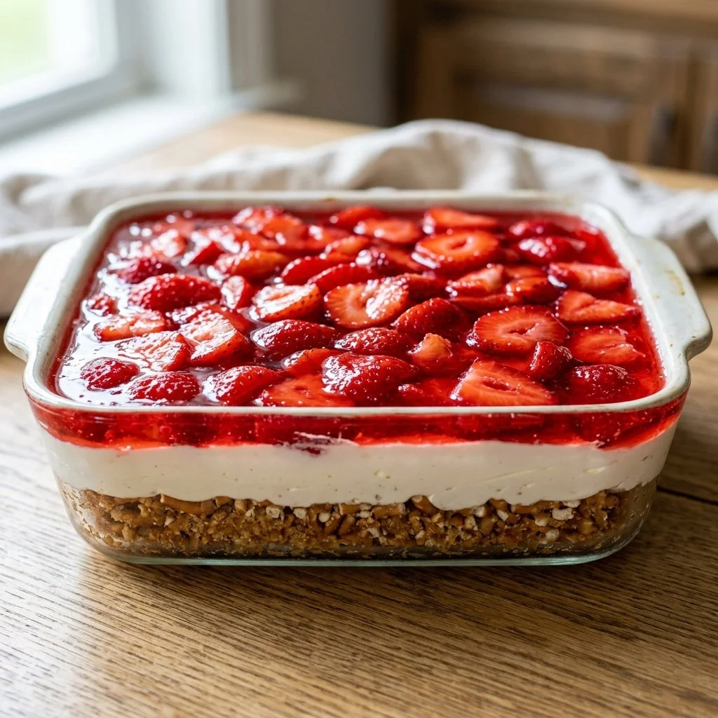 Delicious Strawberry Pretzel Salad with strawberries, pretzels, and cream