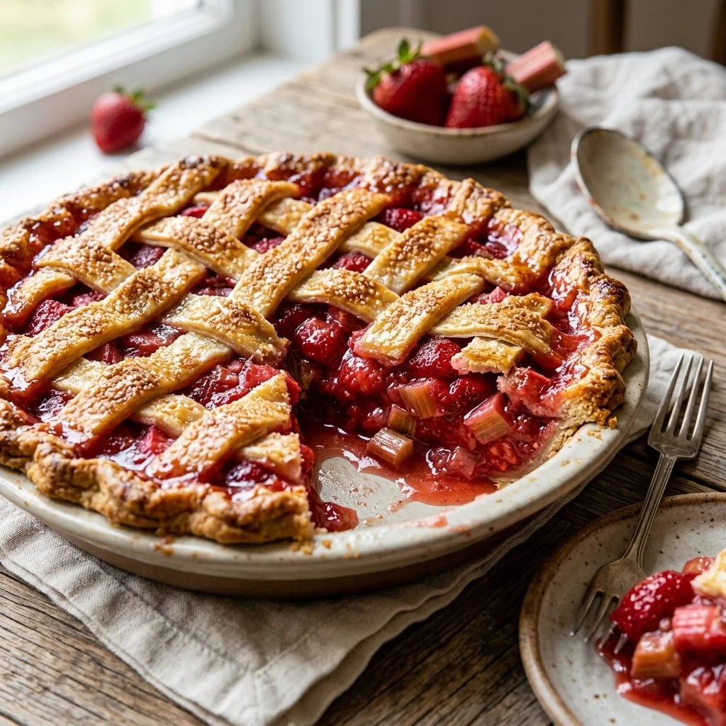 Freshly baked strawberry rhubarb pie with a golden crust and vibrant filling