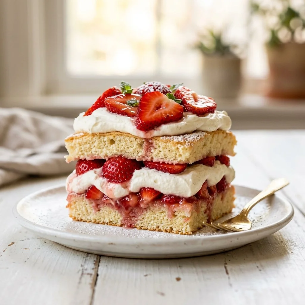 Delicious strawberry shortcake topped with fresh strawberries and whipped cream