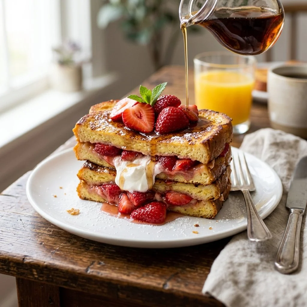 Delicious strawberry stuffed French toast topped with whipped cream and berries