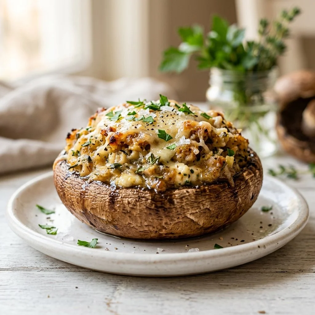 Delicious stuffed mushrooms ready to be served on a platter.