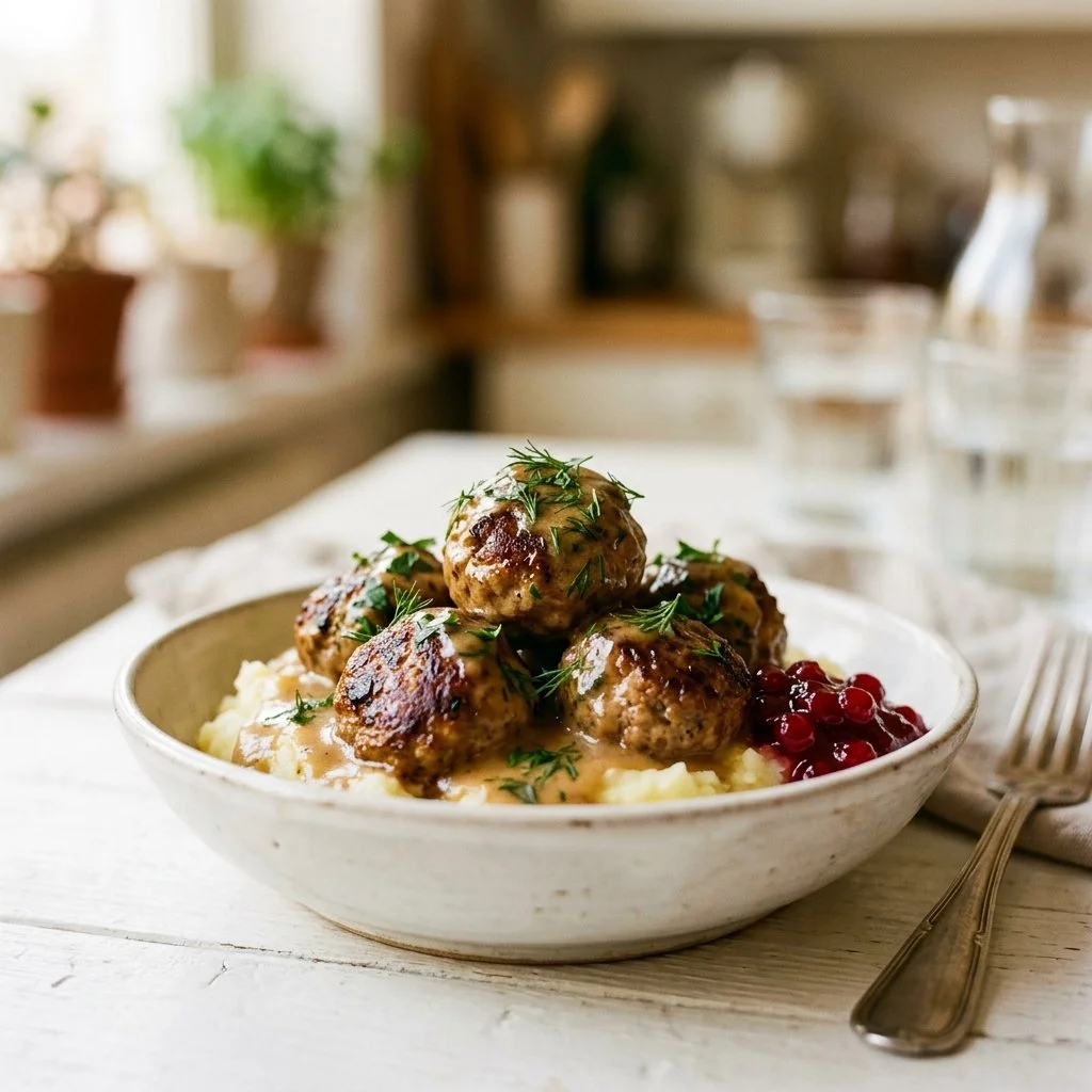 Delicious Swedish meatballs served with creamy gravy and fresh parsley