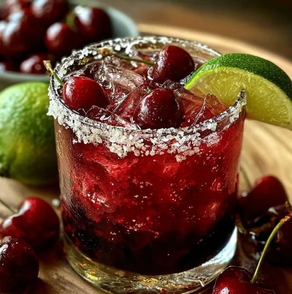 A colorful Sweet Cherry Italian Margarita served in a glass with a slice of lime.